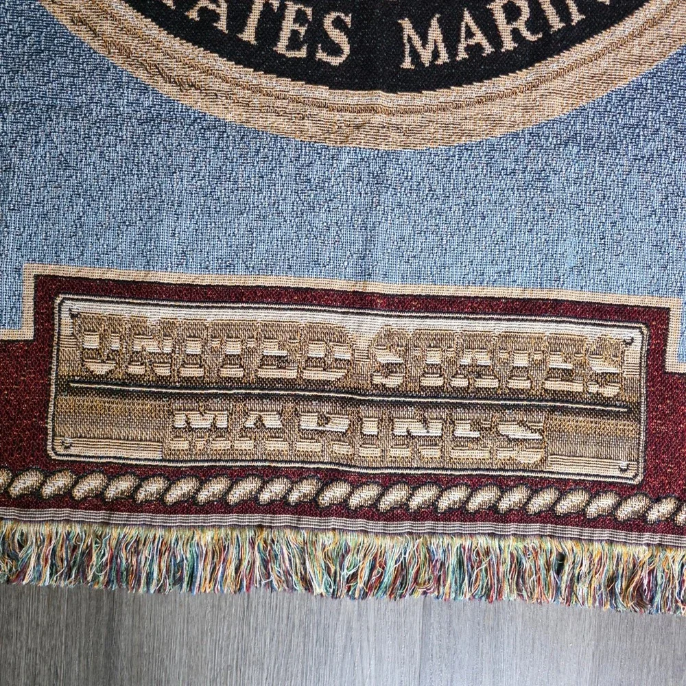 VTG US Marine USMC Department of the Navy Woven Tapestry Throw Blanket 58x46